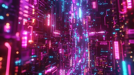 Naklejka premium Futuristic Abstract Network of Colorful Neon Lights and Circuits