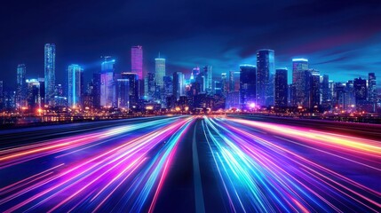 Fototapeta premium Vibrant City Skyline at Night with Colorful Light Trails Below