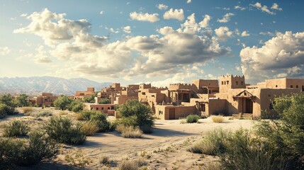 Obraz premium Tranquil Desert Village with Traditional Adobe Buildings Under Sky
