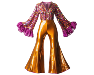 vibrant disco outfit featuring bell bottom pants and sequined top with flared sleeves, perfect for lively dance party. shiny fabric and colorful design evoke fun, retro vibe