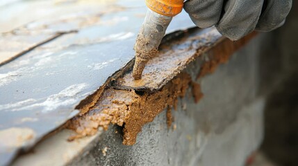 Fototapeta premium Worker Applying Sealant to Repair a Damaged Roof Surface