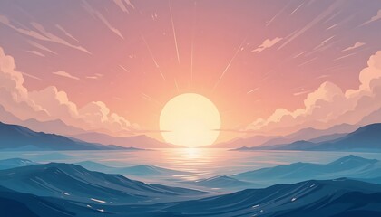 Fototapeta premium Serene Sunset Over Mountains and Tranquil Ocean Waves