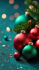 Naklejka premium Red and green balls in a blue ornament Christmas scene, balls, red