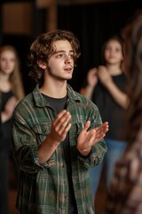 Drama club students rehearse a scene, acting out lines with expressive gestures. A director