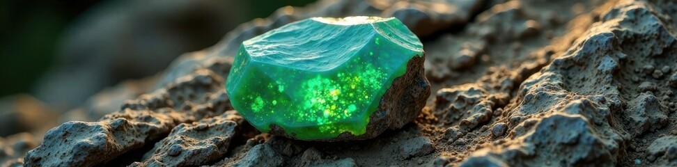 Rough green opal chryzopal on weathered rock surface, geology, natural formations, opals