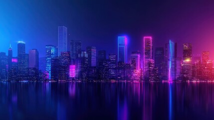 Naklejka premium Modern City Skyline at Night with Colorful Neon Lights Reflection