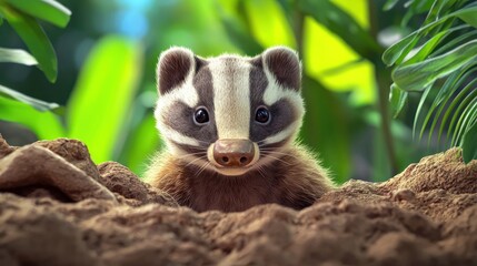 Adorable Baby Badger Emerging from Sand in Lush Tropical Setting