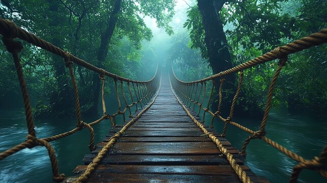 Fototapeta A rope bridge spans a misty jungle river
