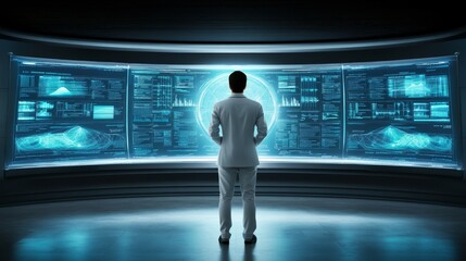 Man in white suit analyzing data on large digital display, a glimpse into future technologies