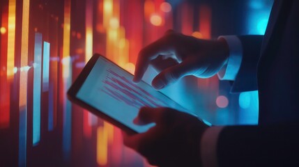 Businessman using tablet analyzing sales data and economic growth graph chart. Business strategy. Abstract icon. Digital marketing.