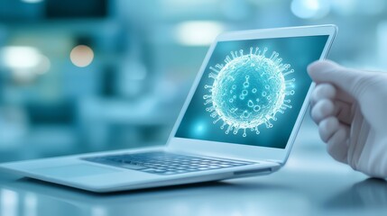 Safe and productive workspace, laptop with hygiene measures for a healthy work environment