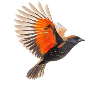 bird with vibrant orange and black feathers is captured mid flight against transparency background, showcasing its detailed wings and dynamic pose