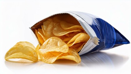 potato chips isolated on white. Potato chips bag isolated on white background. Inside of leftovers snack packaging.