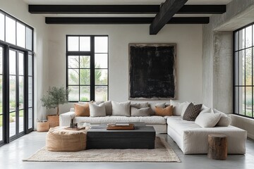 Obraz premium Contemporary Industrial Charm: Monochromatic Living Room with Modern Furniture and Decor