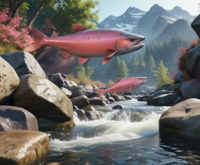 Fototapeta premium Pink salmon leaping out of the water on a rocky riverbed , scenery, rock, salmon