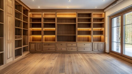 Obraz premium Large built-in wooden bookcase with warm lighting, ideal for home library. Showcases elegant interior design and spacious living areas, perfect for real estate or home decor.