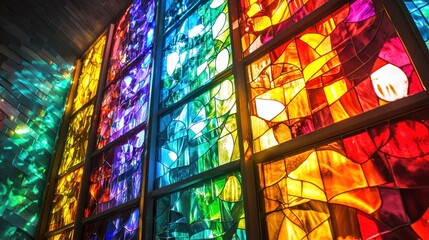 Vibrant Stained Glass Window Capturing Light in Multicolored Patterns
