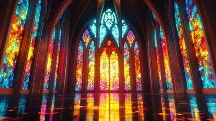 Obraz premium Colorful Stained Glass Windows in Gothic Cathedral Interior