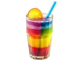 vibrant glass of layered fruit juice with rainbow colors, topped with orange slice and blue straw, evokes refreshing and cheerful vibe