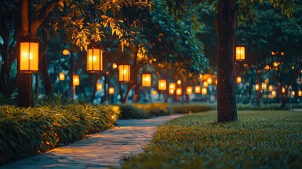Serene Evening Pathway Illuminated by Lanterns in Lush Garden