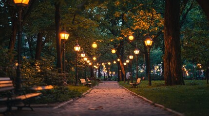 Naklejka premium Serene Evening Stroll Through a Beautifully Lit Park Pathway
