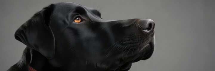 Portrait of a black labrador with its head tilted upwards on a gray background , portrait, coat,...