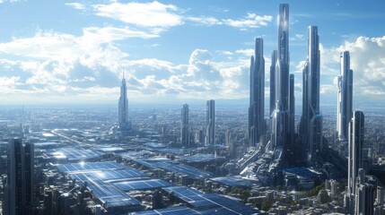 Naklejka premium Futuristic Cityscape: Panoramic View of Modern Skyscrapers Under a Bright Sunny Sky
