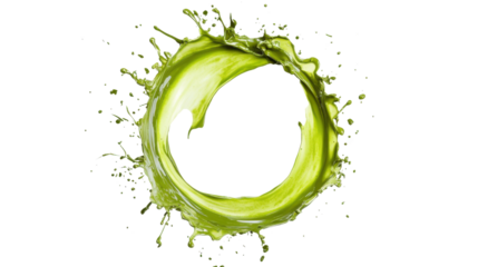 Circular splash of vibrant green liquid creating a dynamic swirl on transparent background
