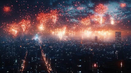 Stunning Fireworks Display Over City Skyline at Night Time