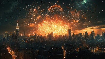 Fototapeta premium Spectacular Fireworks Display Over Urban Skyline at Night