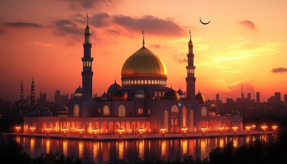 Majestic Mosque at Sunset Golden Dome Cityscape Islamic Architecture