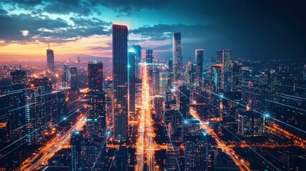 Fototapeta premium Night Skyline of a Modern City with Bright City Lights and Clouds