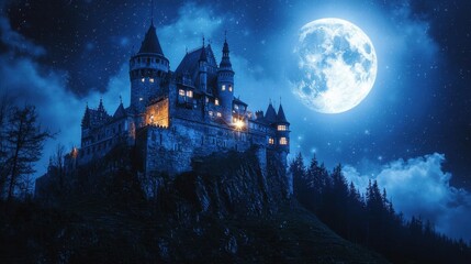 Magical Night Scene of Castle with Moonlit Sky and Stars