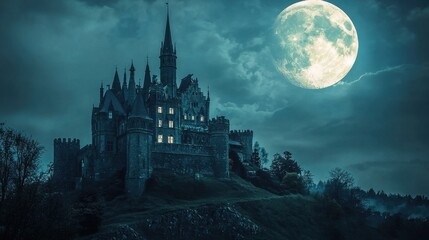Enchanted castle under a full moon with mysterious atmospheric clouds