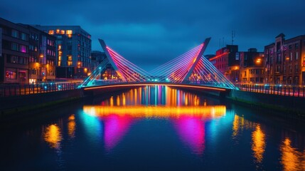 Obraz premium Colorful Night View of Modern Bridge Illuminated Over a River