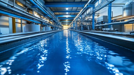 Fototapeta premium Long Blue Industrial Water Treatment Plant Interior