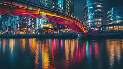 Obraz premium Vibrant Night Scene of Colorful Bridge Reflected in Calm River Water