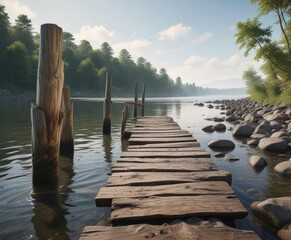 Fototapeta premium Rustic wooden pilings supporting an old stone pier jutting out into the gentle current of a river , wooden, gentle