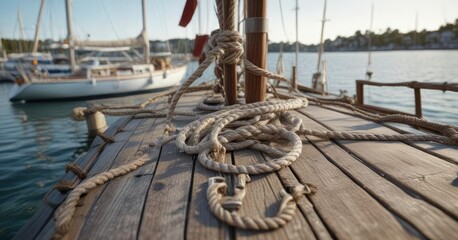 Obraz premium Sailboat in harbor with ropes secured to cleats, dock, secure, boat