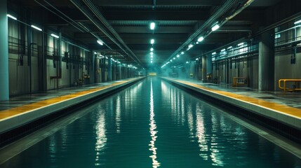 Fototapeta premium Dark Teal Industrial Water Tunnel With Reflective Surface