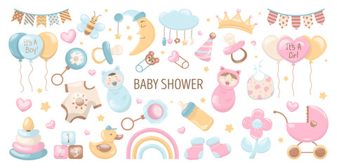 Big set of baby shower in hand drawn style. In pastel colors. Items for children. Great for card, invitation card, decoration party, design, print