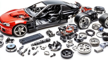 Detailed view of a disassembled sports car showcasing intricate parts and components on a white background