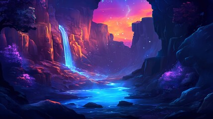 Surreal Canyon Waterfall Scene with Vibrant Colors
