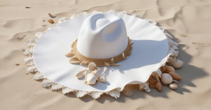 Serviette de plage avec collier de coquillages et chapeau de paille sur une pile de sable blanc, white sand, landscape, coastal scenery