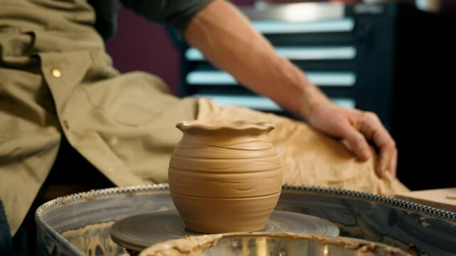 Completed finished product clay bowl jug pot spinning pottery wheel man craftsman hobby studio craft done potter result work workshop achievement ceramic male making vase apron handmade master class