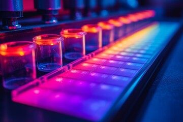 Fototapeta premium Row of test tubes filled with glowing colorful liquids