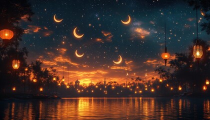 Magical Night Scene Glowing Lanterns and Crescent Moons over Calm Water