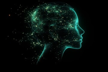 Digital human head with a glowing green neural network