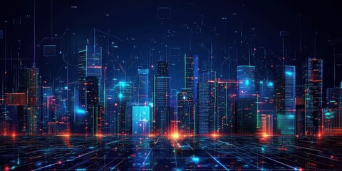 Fototapeta premium Futuristic Cityscape Illuminated with Digital Network Lines