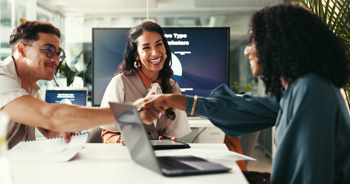 Happy business people, startup and shaking hands for deal, brand sponsorship or collaboration. Smile, creative team and handshake for cooperation, b2b partnership and negotiation agreement in office